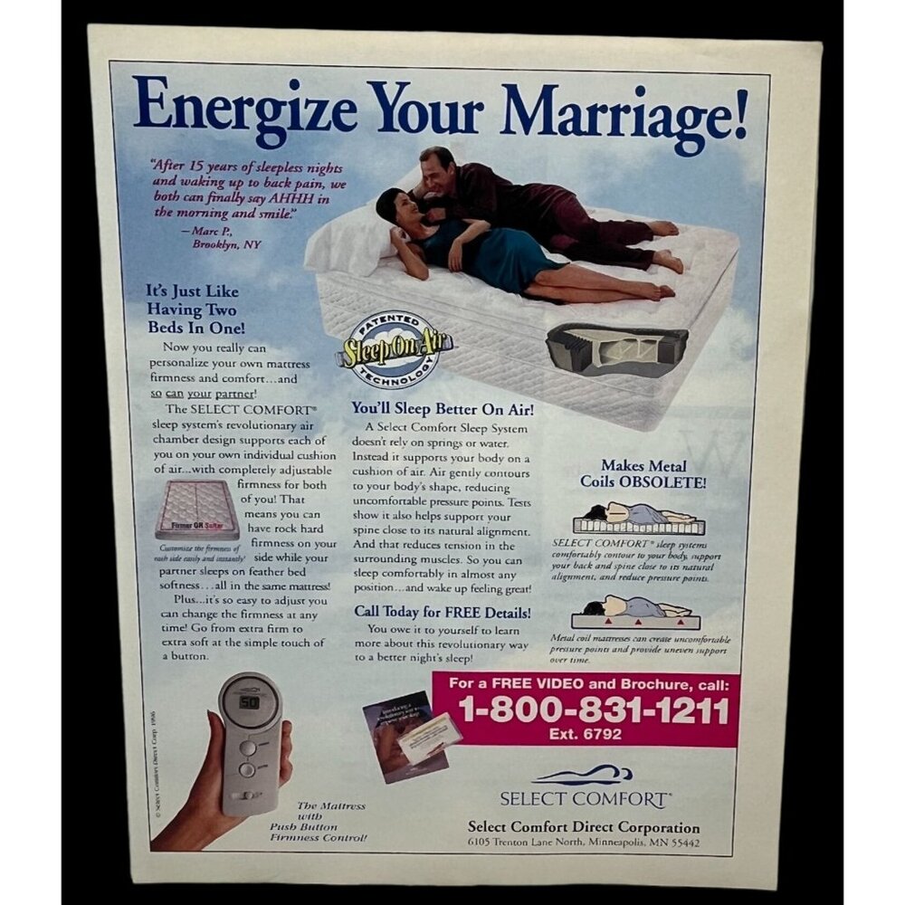 Select Comfort Mattress Print Ad Vintage 90s Energize Your Marriage Sleep on Air